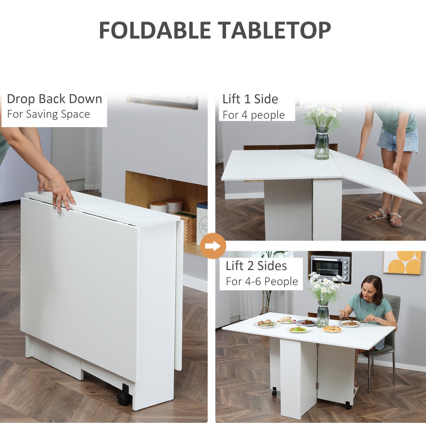 Kitchen Folding Desk Mobile Drop Leaf Dining Table W/ Wheels & Storage Shelves-White Wood Grain