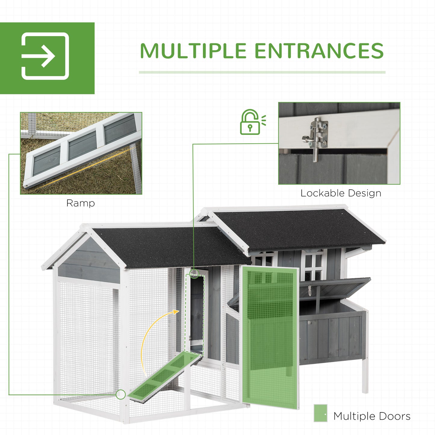 Chicken Hutch, w/ 2 Standing Perches, Run, Nesting Box, Ramp, Removable Tray