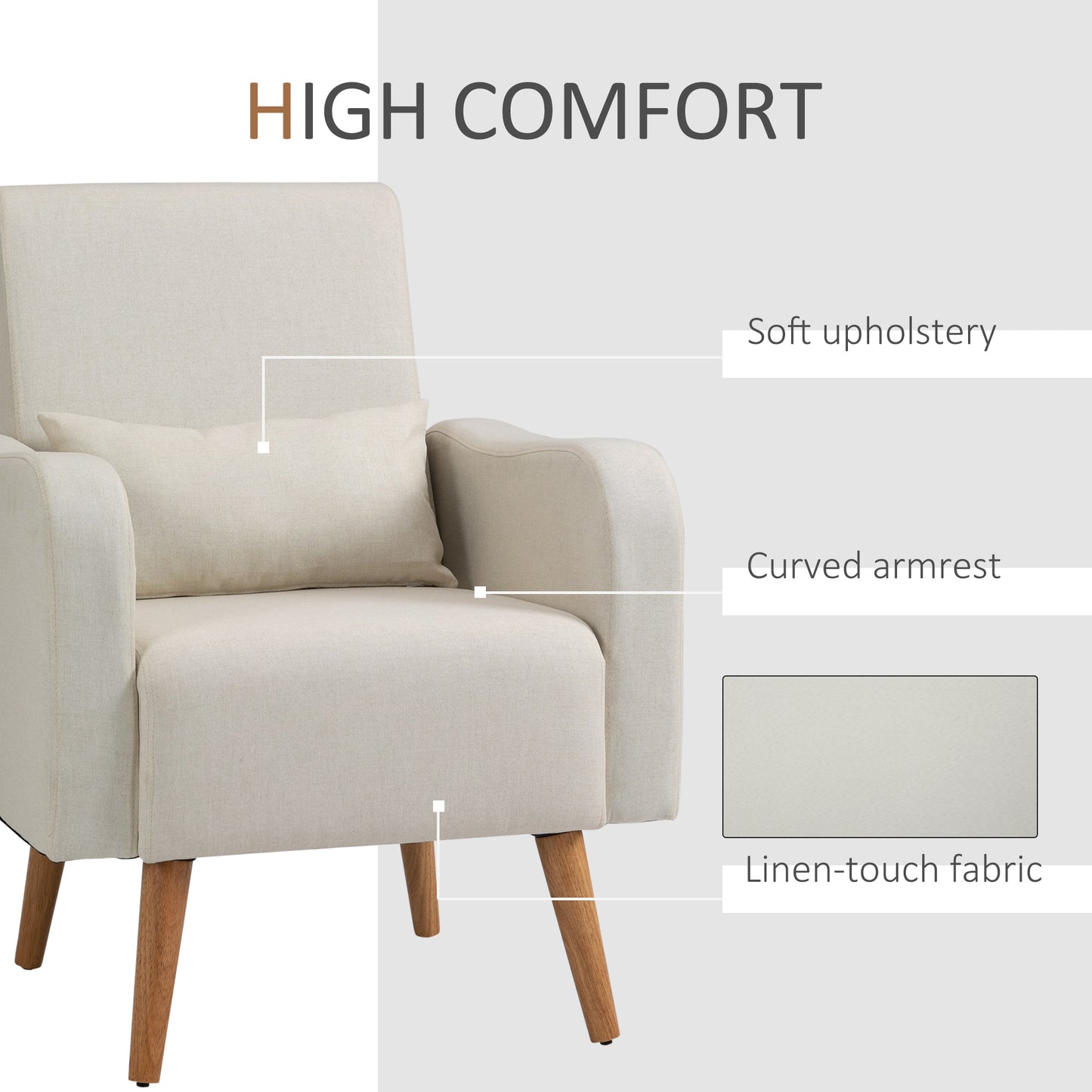 Single Seater Sofa, Fabric, Nordic Accent Living Room Chairs-Cream White