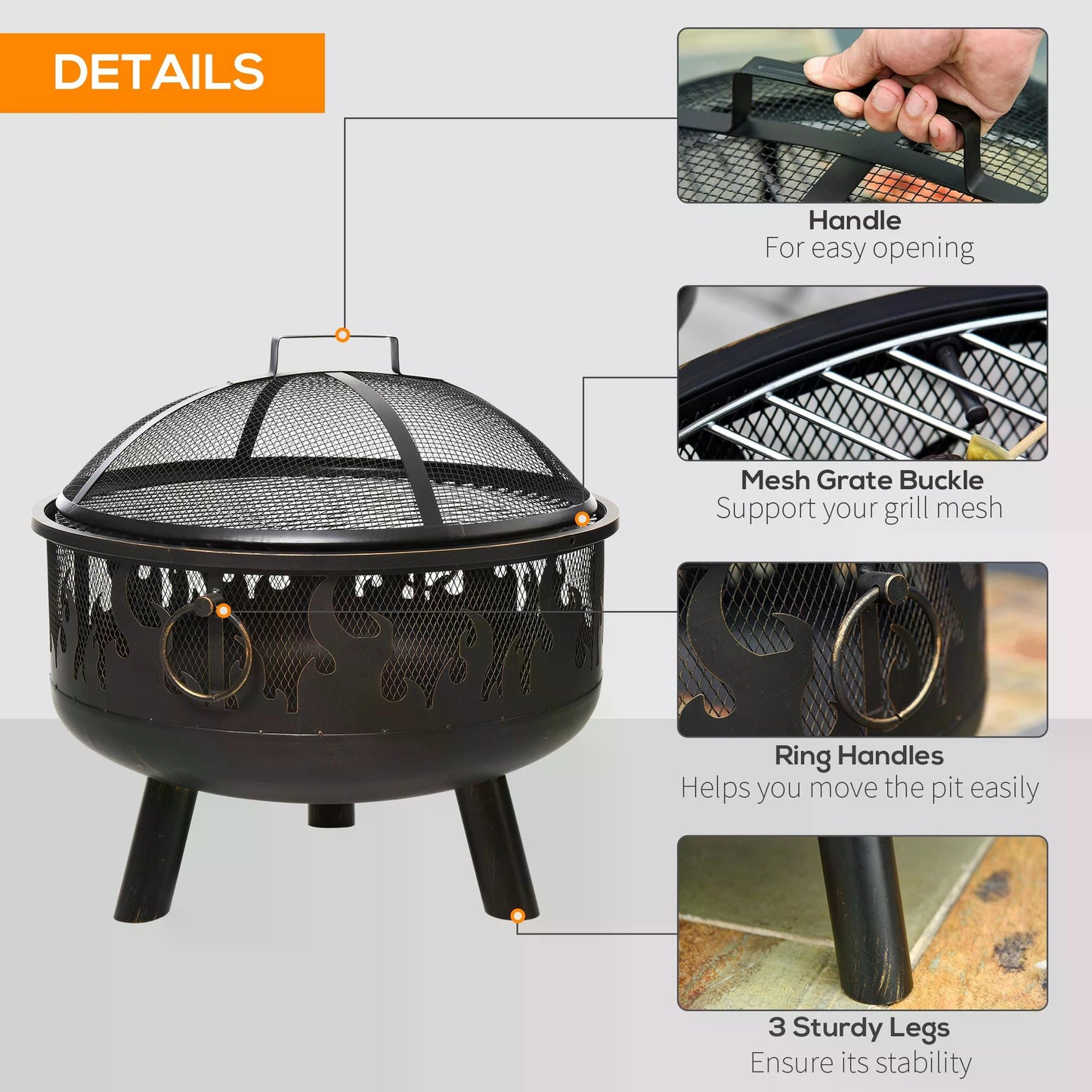 2-in-1 Outdoor Fire Pit with Cooking Grate Steel BBQ Grill Bowl Heater with Spark Screen Cover