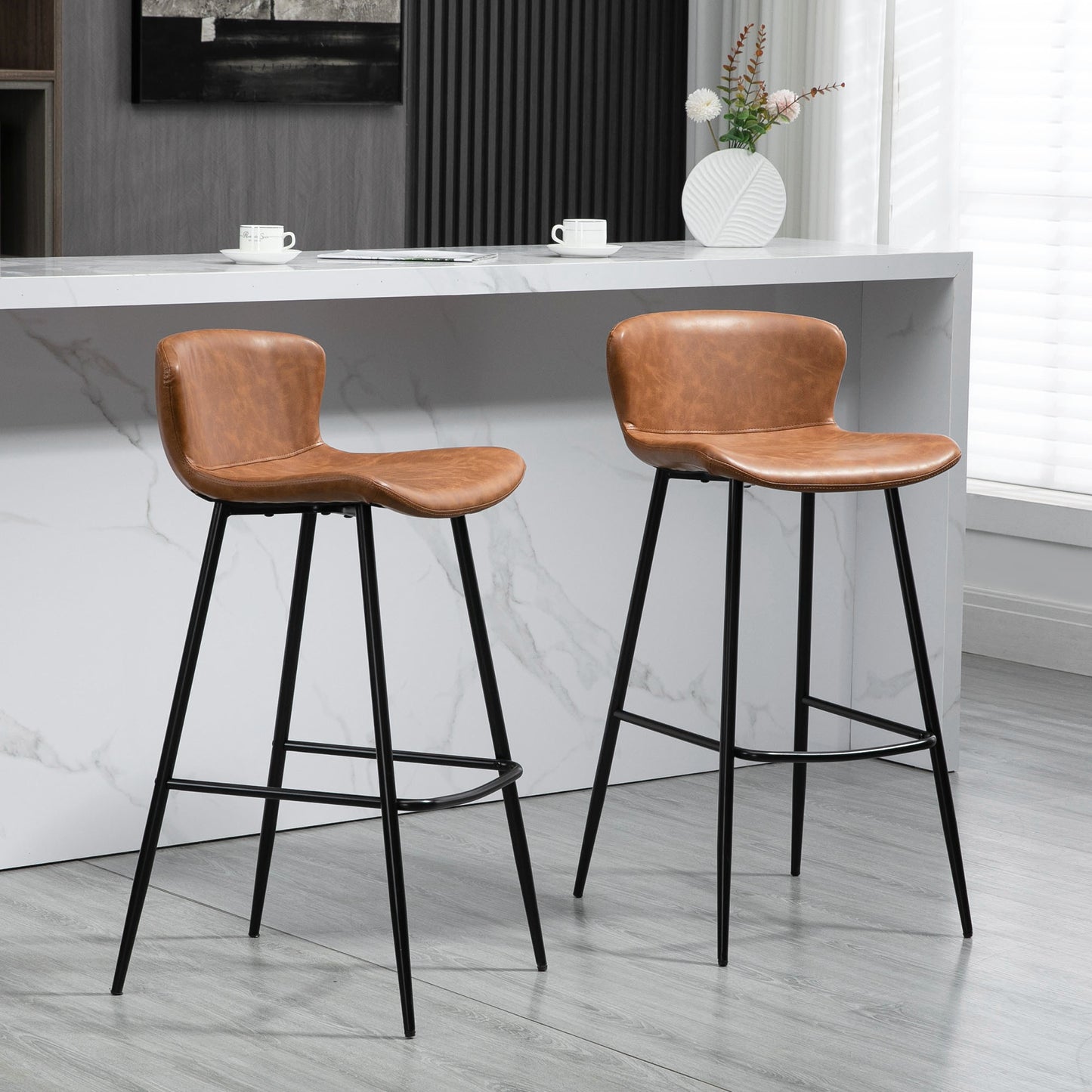 HOMCOM Bar Stools with Backs, Counter Height Stools, PU Leather Upholstered, Kitchen Stools, Steel Legs for Dining Room, Brown  Ireland