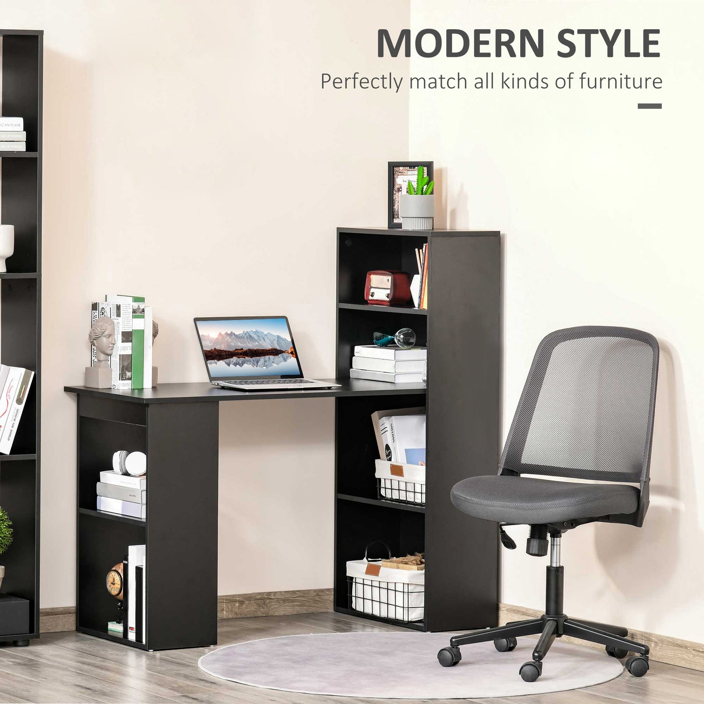 Black Corner Desk, 120cm Modern Computer Desk Bookshelf Writing Table Workstation PC Laptop Study 6 Shelves