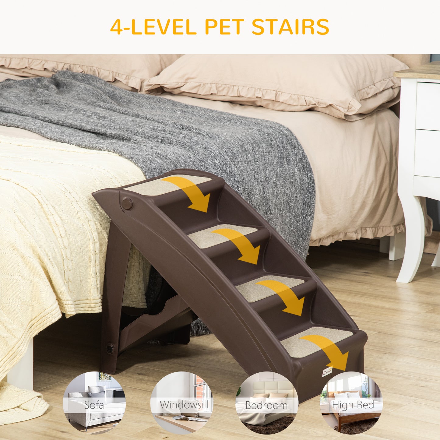 Puppy Steps for Bed, Foldable Four-Step, for Cats, Small Miniature Dogs, with Non-Slip Mats 62 x 38 x 49.5cm Brown