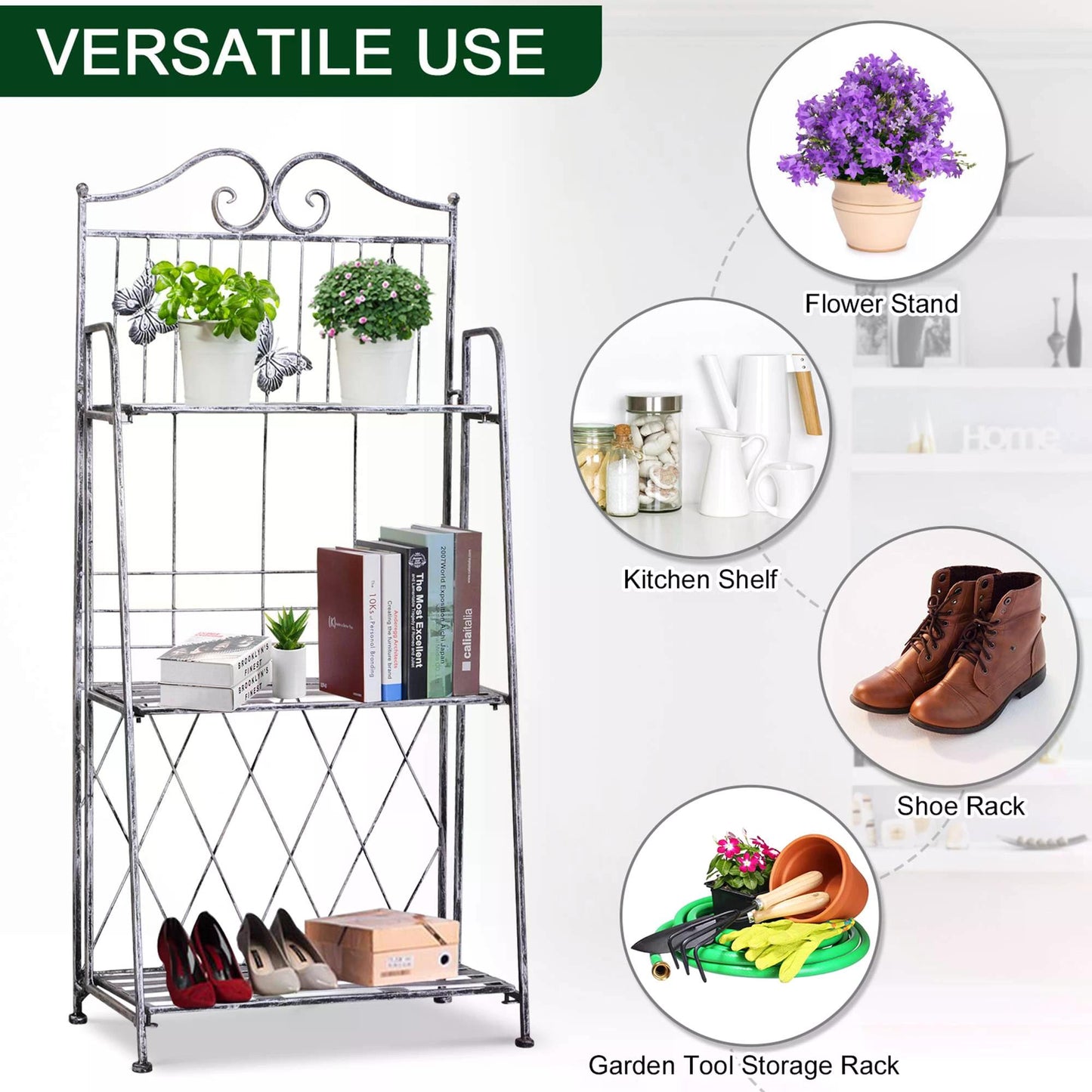 3-Tier Metal Folding Plant Stand Display Rack Bookshelf Unit Outdoor