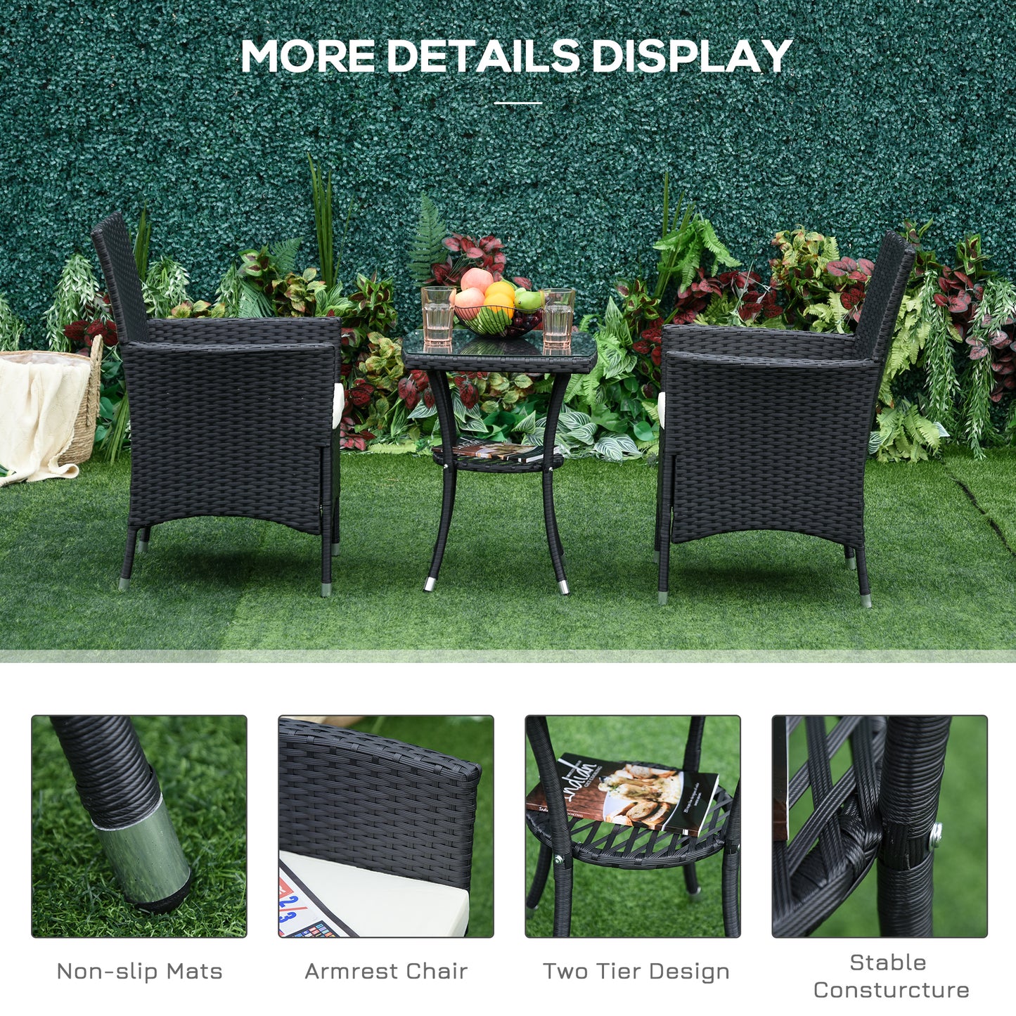 3 Pcs Garden Rattan Bistro Set Weave Companion Chair Table Conservatory-Black