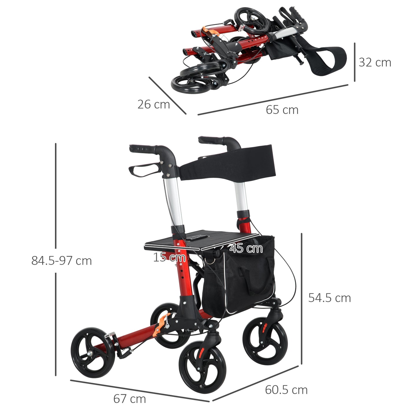 Folding Rollator Walker with Seat and Backrest, Adjustable Handle Height, 4 Wheeled Walker for Seniors, Handicapped, Red