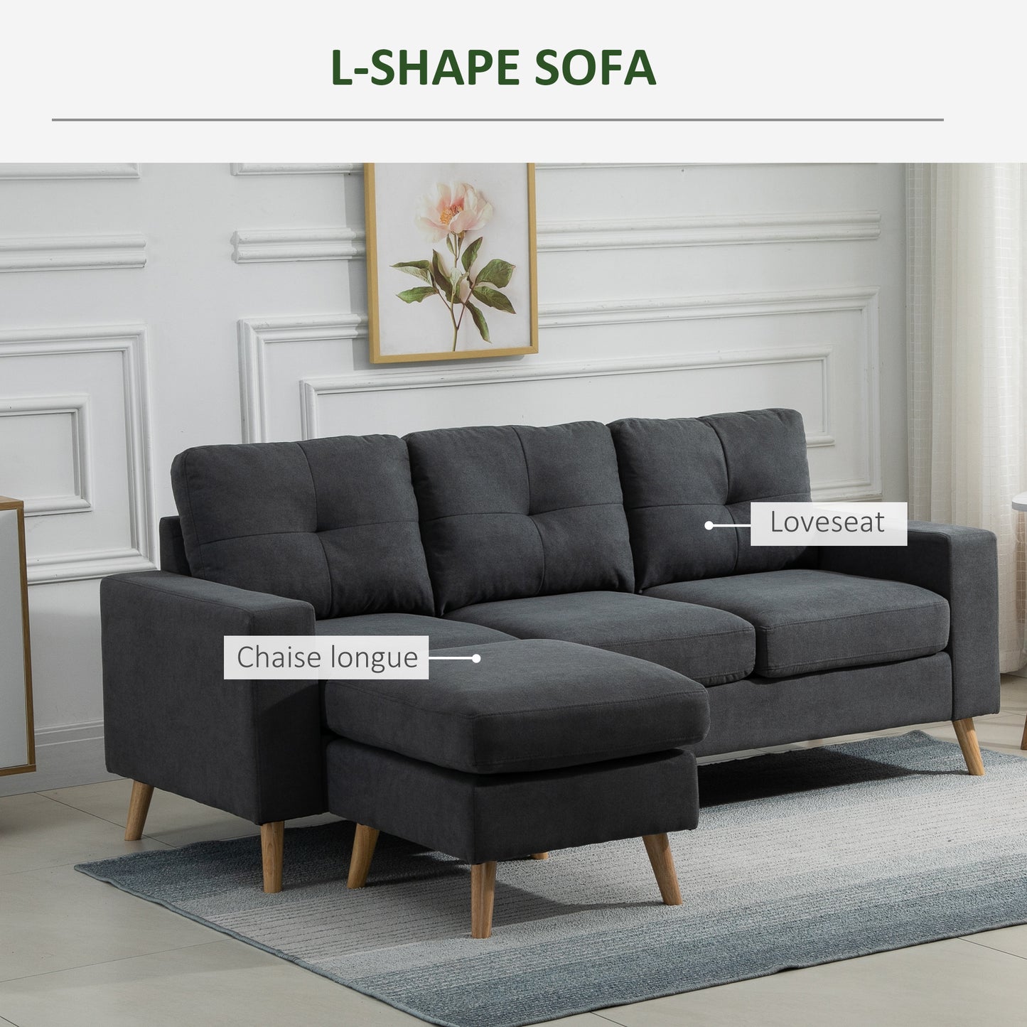 L-Shape 3 Seater Fabric Sofa Couch Chaise Longue Loveseat Sponge Cushion Armrest for Living Room Bedroom , Dark Grey