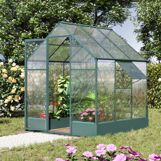 Outsunny Walk-in Greenhouse Polycarbonate Outdoor Plant Garden, Temperature Controlled Window, with Foundation, 6.2x6.2ft 