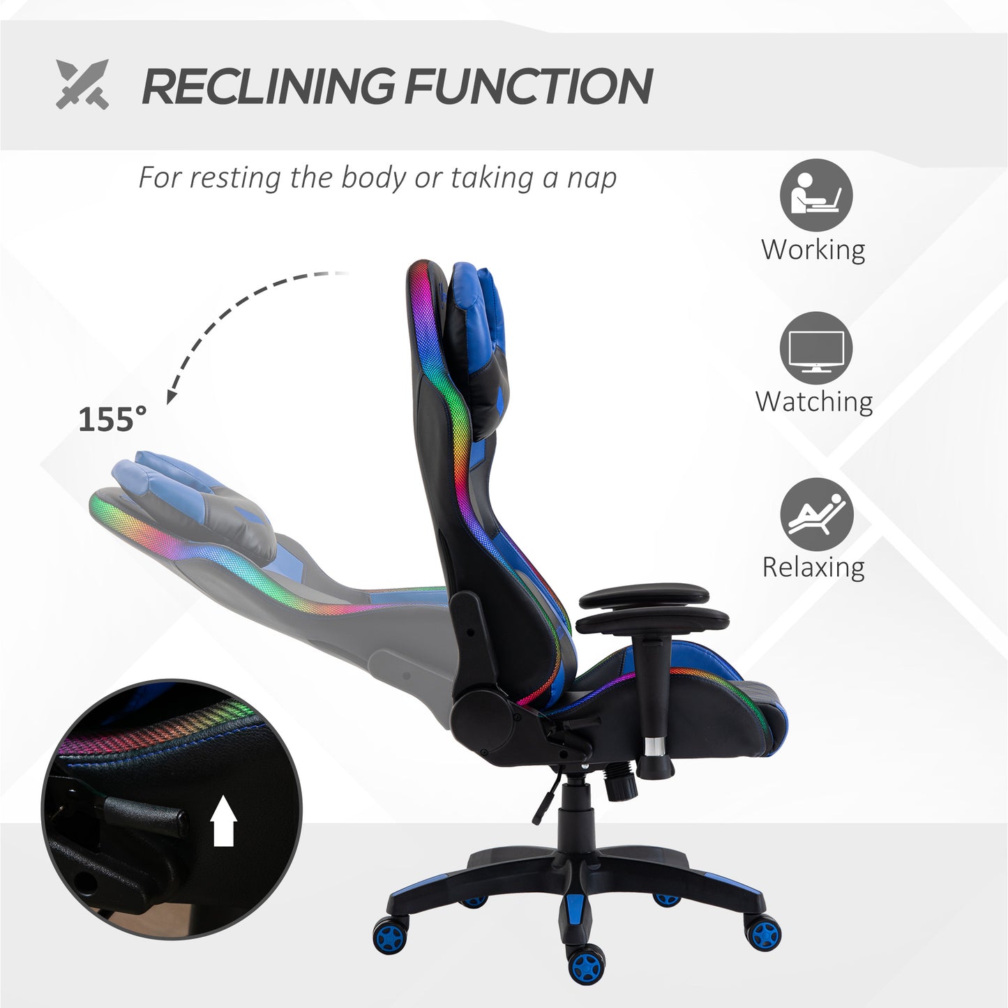 Ergonomic Gaming Chair with RGB LED Light, Lumbar Support, Gamer Recliner, Blue