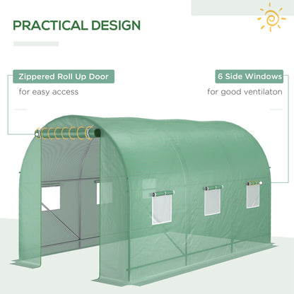 Polytunnel, 3.5 x 2 x 2 m, with Steel Frame, PE Cover, Roll Up Door and 6 Windows, Green