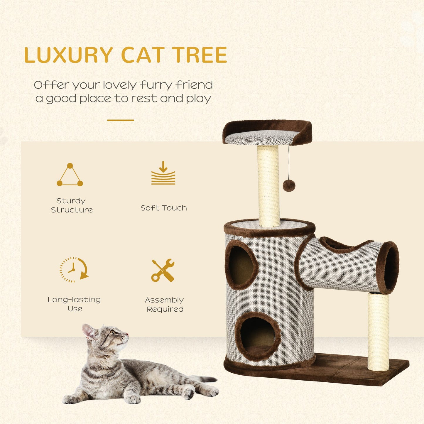 Cat Play Tower, 104cm,  w/Scratching Post for Kitten Activity Center Brown