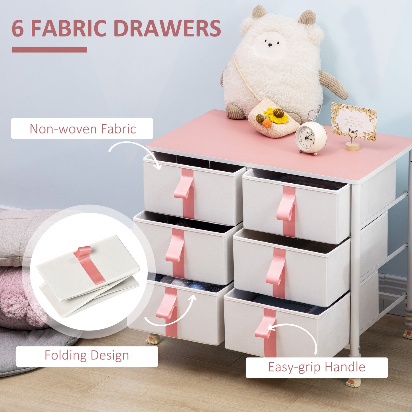 Pink Chest of Drawer, 6 Drawers, Cloth Organizer Unit, Fabric, Metal Frame and Wooden Top, for Kids Room, Living Room