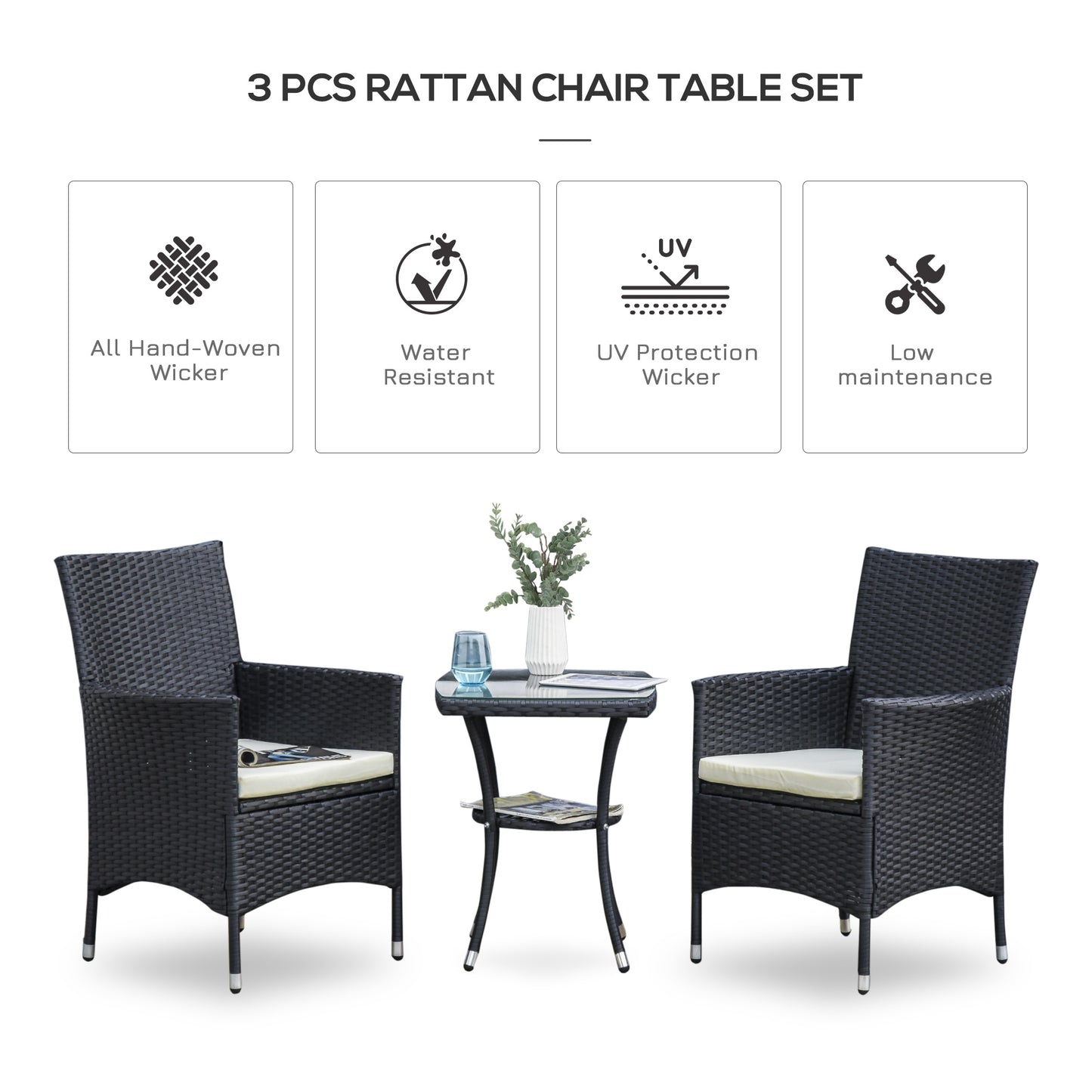 3 Pcs Garden Rattan Bistro Set Weave Companion Chair Table Conservatory-Black