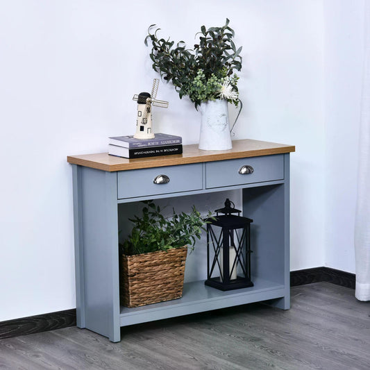 HOMCOM Console Table w/ Two Drawers Bottom Shelf Two Handles Wood Effect Worktop Grey Home Furniture 