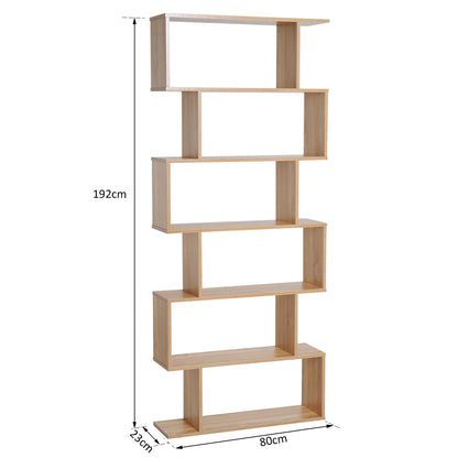 6 Tier Wooden Bookshelf Modern S-Shaped Shelf Unit Storage Display