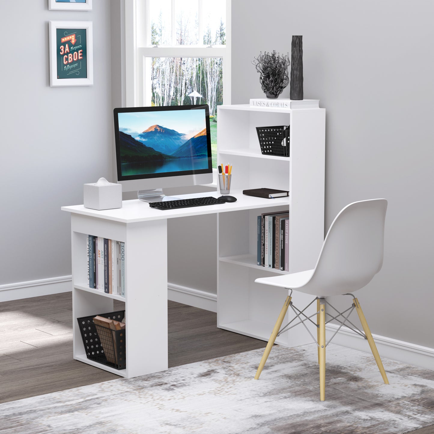 HOMCOM Corner Desk 120cm Modern Computer Desk Bookshelf  Writing Table Workstation White 6 Shelves 