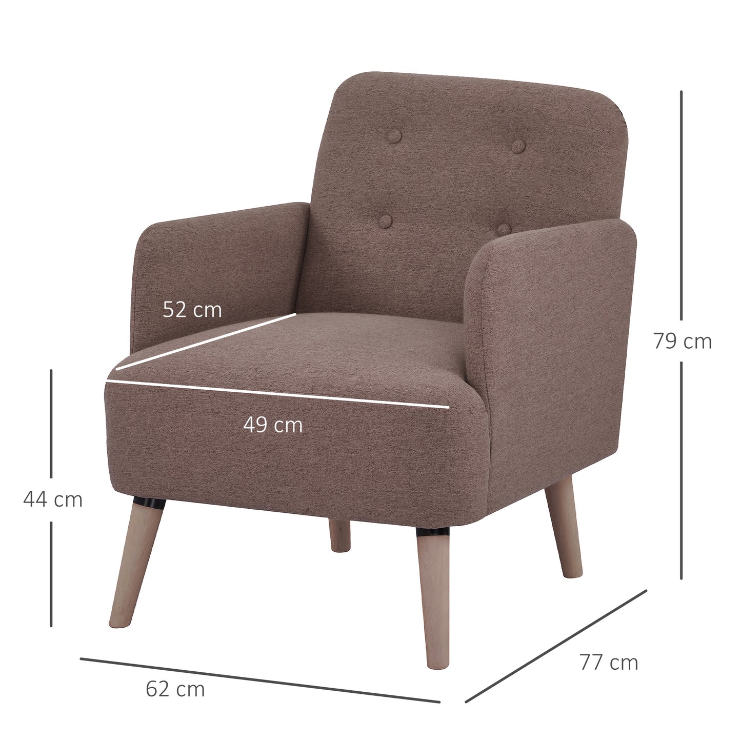 Upholstered Armchair, for Living Room, Linen-Touch, Nature Wood Frame, 24cm Thick Padding Seat, Brown