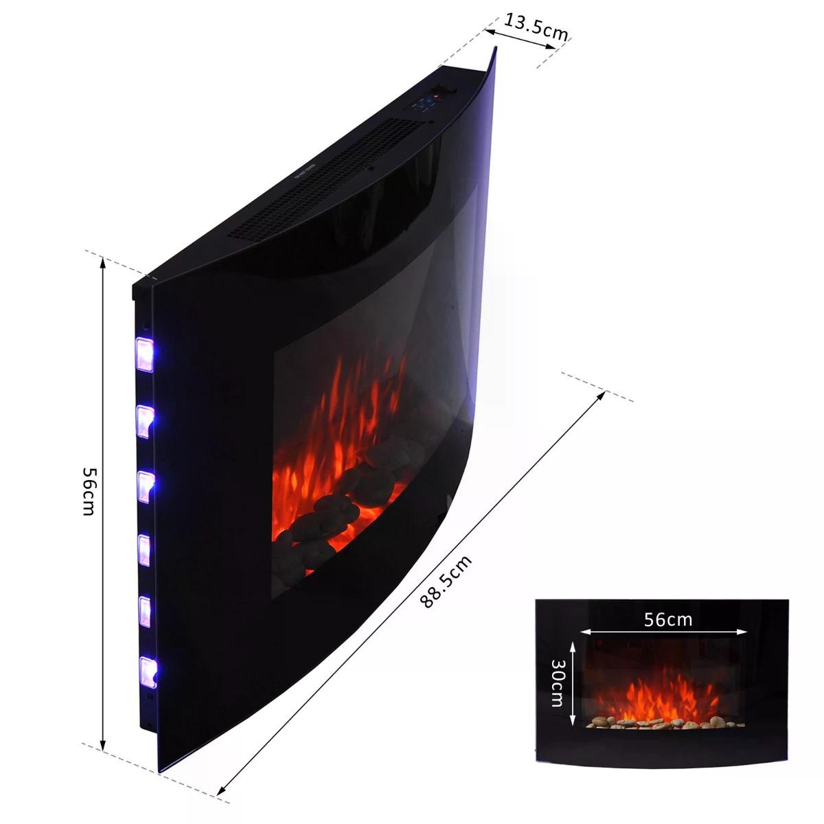 LED Curved Glass Electric Fireplace Heater Wall Mounted Fire Place, 1000/2000W