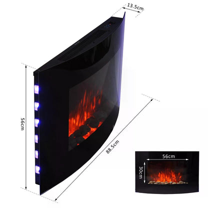 LED Curved Glass Electric Fireplace Heater Wall Mounted Fire Place, 1000/2000W