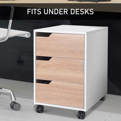 3 Drawer File Cabinet, Mobile, Lockable, MDF-Oak/White Colour