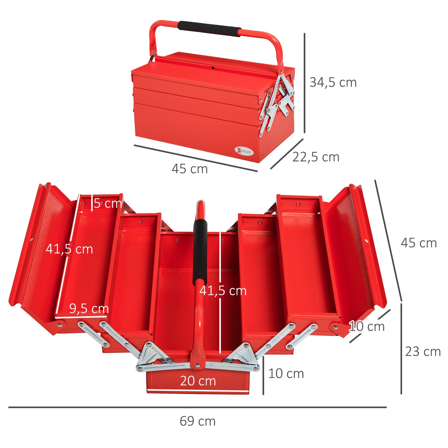 Metal Tool Box 3 Tier 5 Tray Professional Portable Storage Cabinet Workshop Cantilever Toolbox with Carry Handle-Red