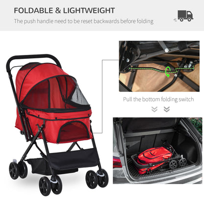 Pet Stroller Dog Cat Travel Pushchair Foldable Jogger with Reversible Handle EVA Wheel Brake Basket Adjustable Canopy Red