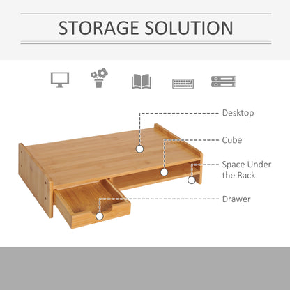 Wooden Monitor Stand, Bamboo Desktop Monitor Riser Laptop PC Plinth Stand Organiser Computer Screen W/ Drawer