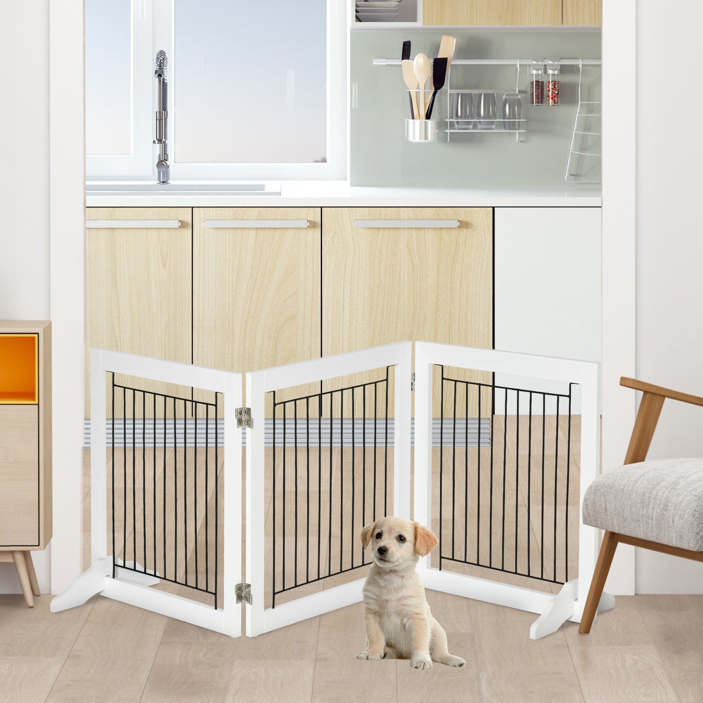 PawHut Foldable Pet Gate, with Three Panels & Two Support Feet - White 