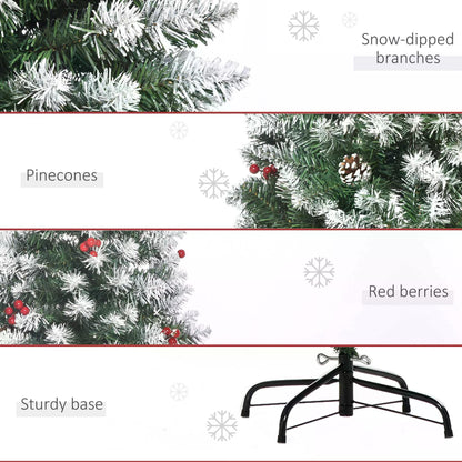 6FT Slim Christmas Tree, with Red Berries and Pinecones Holiday Home Indoor Decoration with Foldable Feet