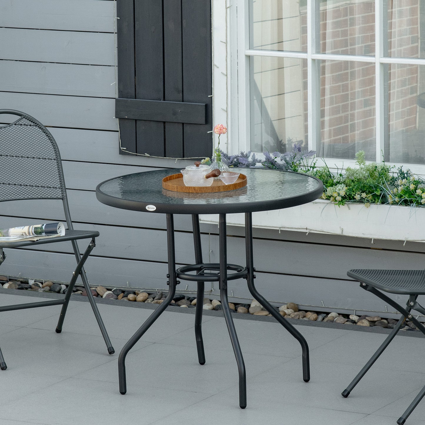 Outsunny Round Outdoor Dining Table, Tempered Glass Top Steel W/Parasol Hole, D80x72Hcm-Black