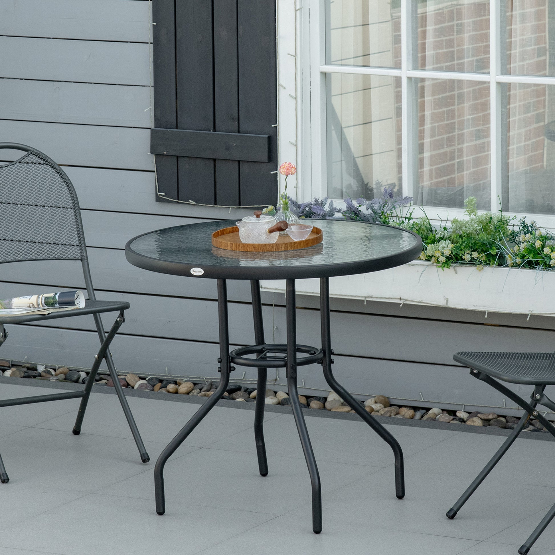 Outsunny Round Outdoor Dining Table, Tempered Glass Top Steel W/Parasol Hole, D80x72Hcm-Black