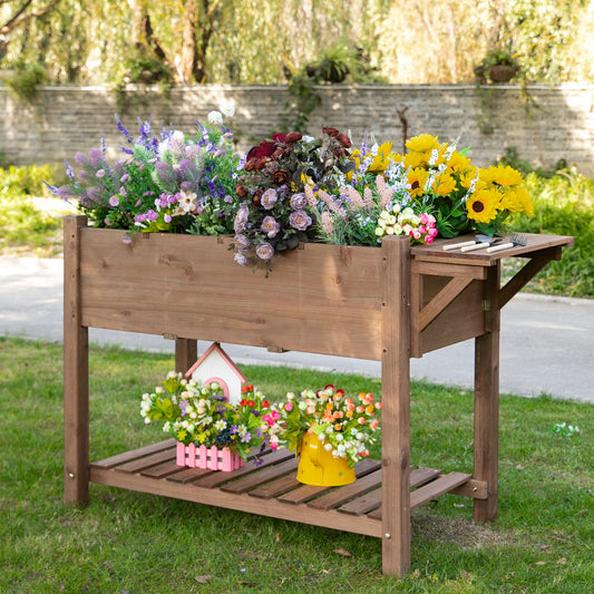 Outsunny Wooden Raised Garden Plant Stand Outdoor Tall Flower Bed Box with Bottom Shelf, Brown, 123 x 54 x 74cm