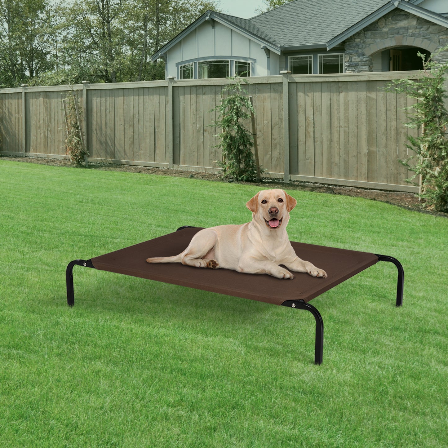 PawHut Elevated Pet Bed, Outside Dog Bed with No-Slip Feet, Metal, Portable Dog Cot for Extra Large Sized Dogs, Brown, 130 x 80 x 20cm 