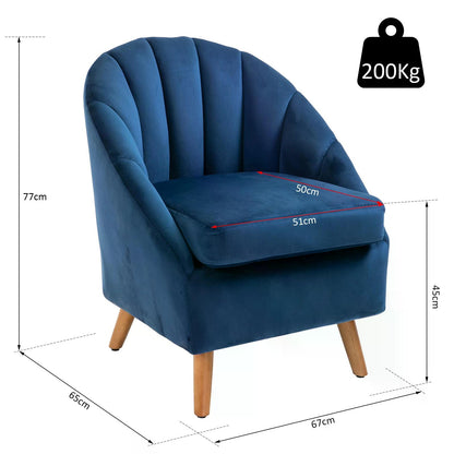 Blue Accent Chair Velvet-Look Upholstery w/ Wooden Legs