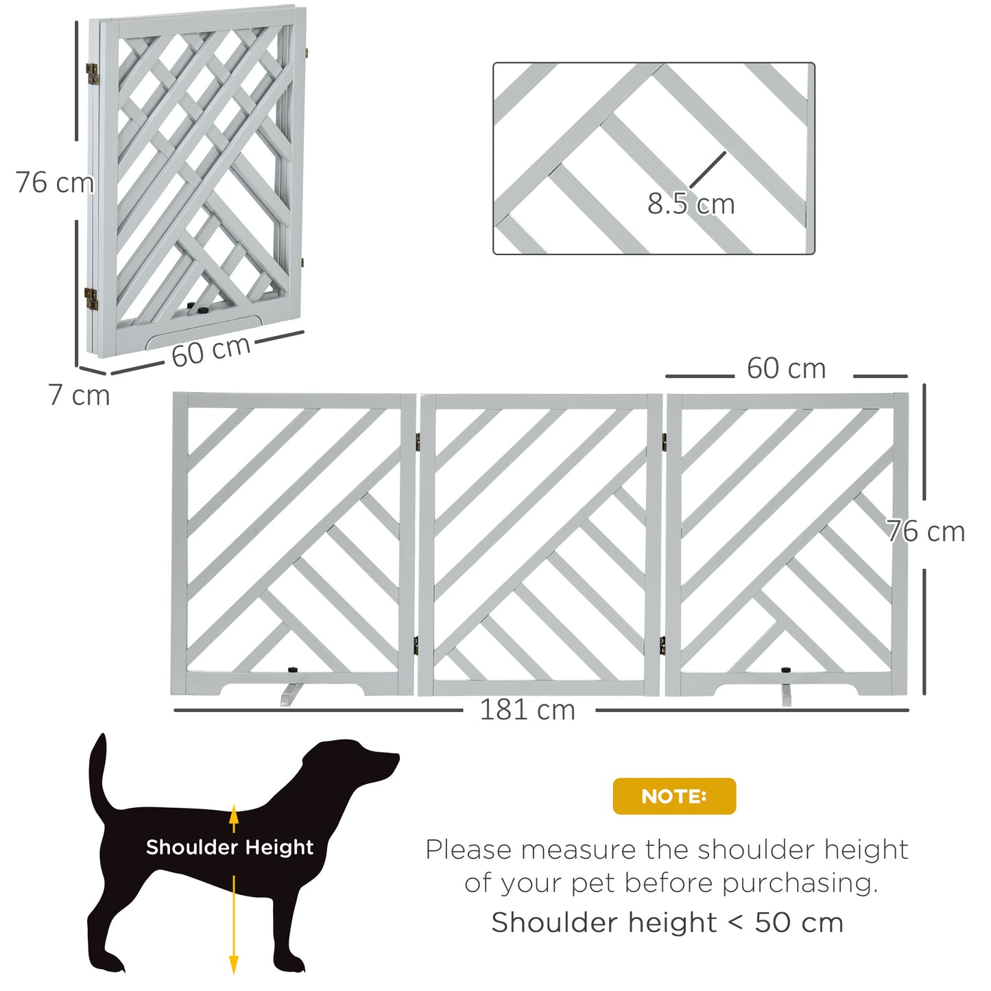 Dog Gate, Freestanding Pet Gate, Folding Wooden Puppy Fence, Indoor Barrier with 2PCS Support Feet for House Doorway Stairs, Grey