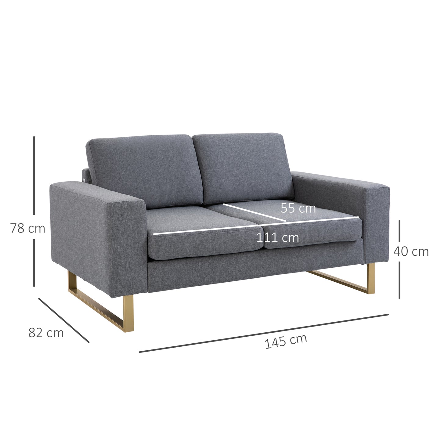 2 Seater Sofas for Living Room, Fabric Couch, Love Seat with Cushions and Steel Legs, Grey