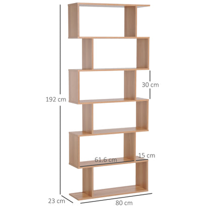 6 Tier Wooden Bookshelf Modern S-Shaped Shelf Unit Storage Display