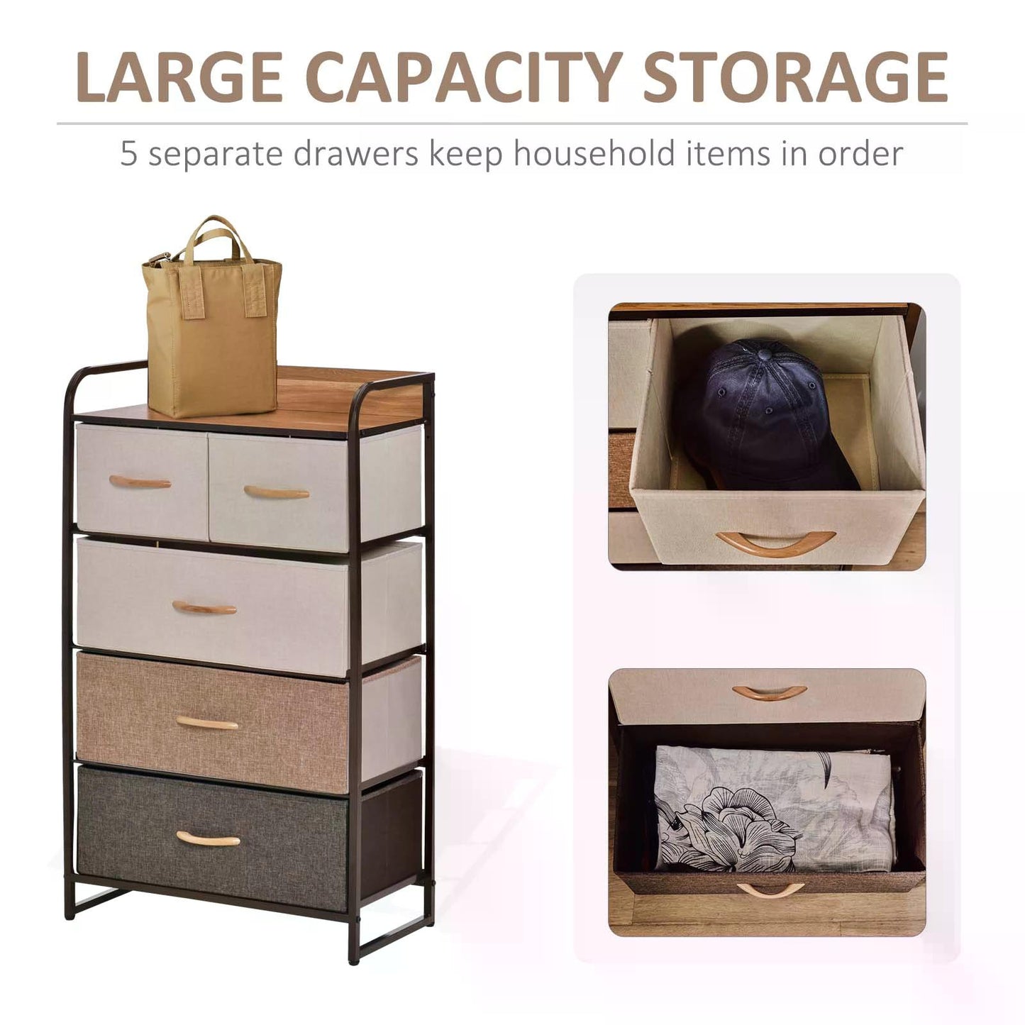 5 Drawer Chest of Drawers Foldable Drawers with Steel Frame Wooden Top for Bedroom Hallway Closets