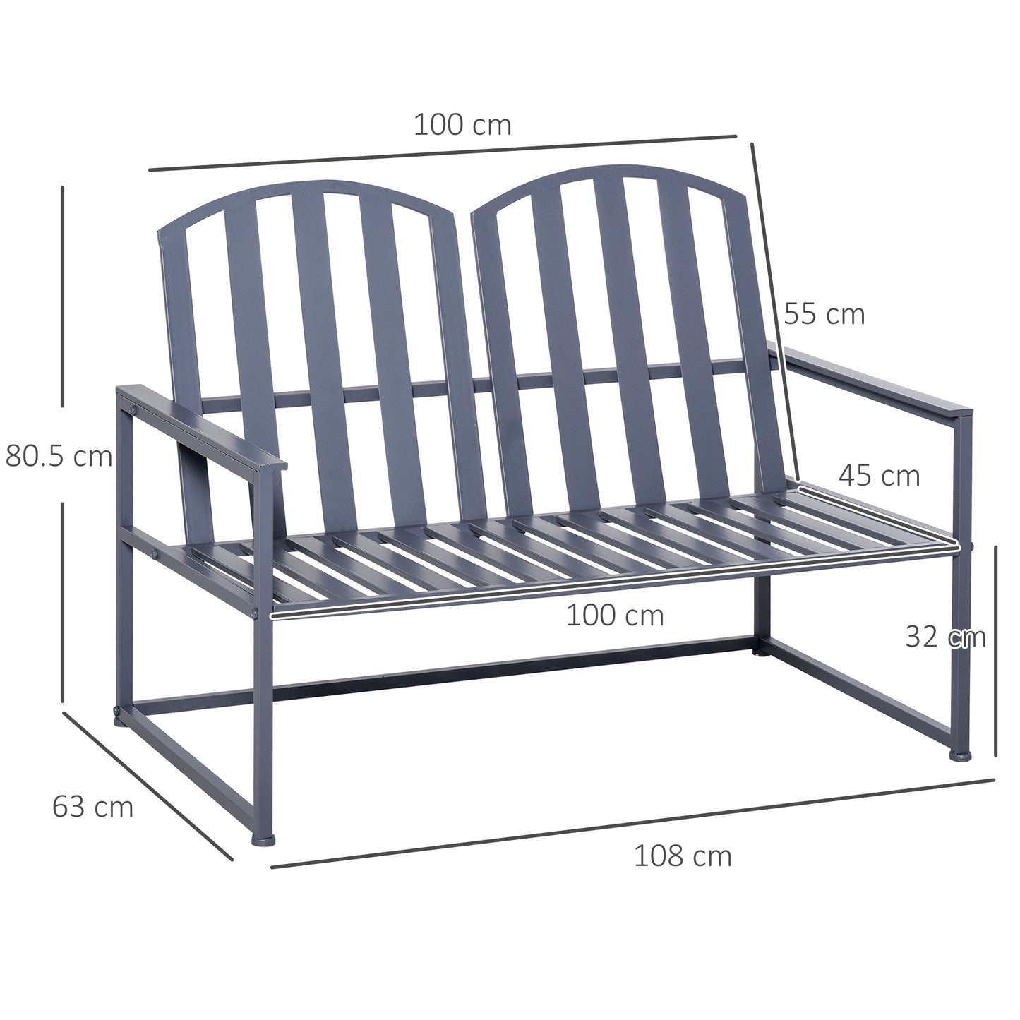 Garden Bench Loveseat 2 Seat for Outdoor Park, Yard, Steel Frame, Decorative Slatted Design, Grey