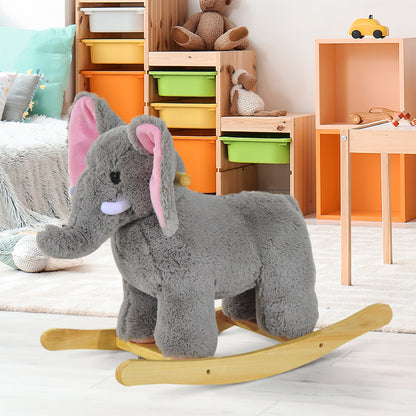 HOMCOM Elephant Rocking, Animal Rocker Wooden Kids Plush Ride On Elephant-Grey 