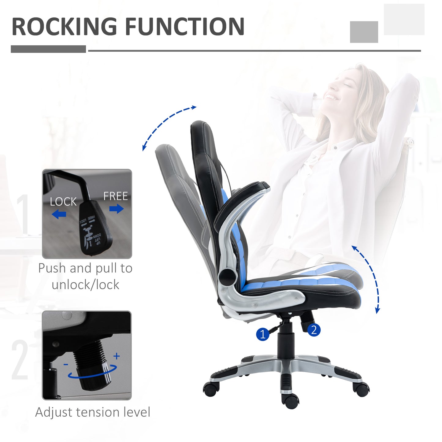 Leather Desk Office Chair, Height Adjustable Swivel Chair With Tilt Function, Flip Up Armrests, Blue