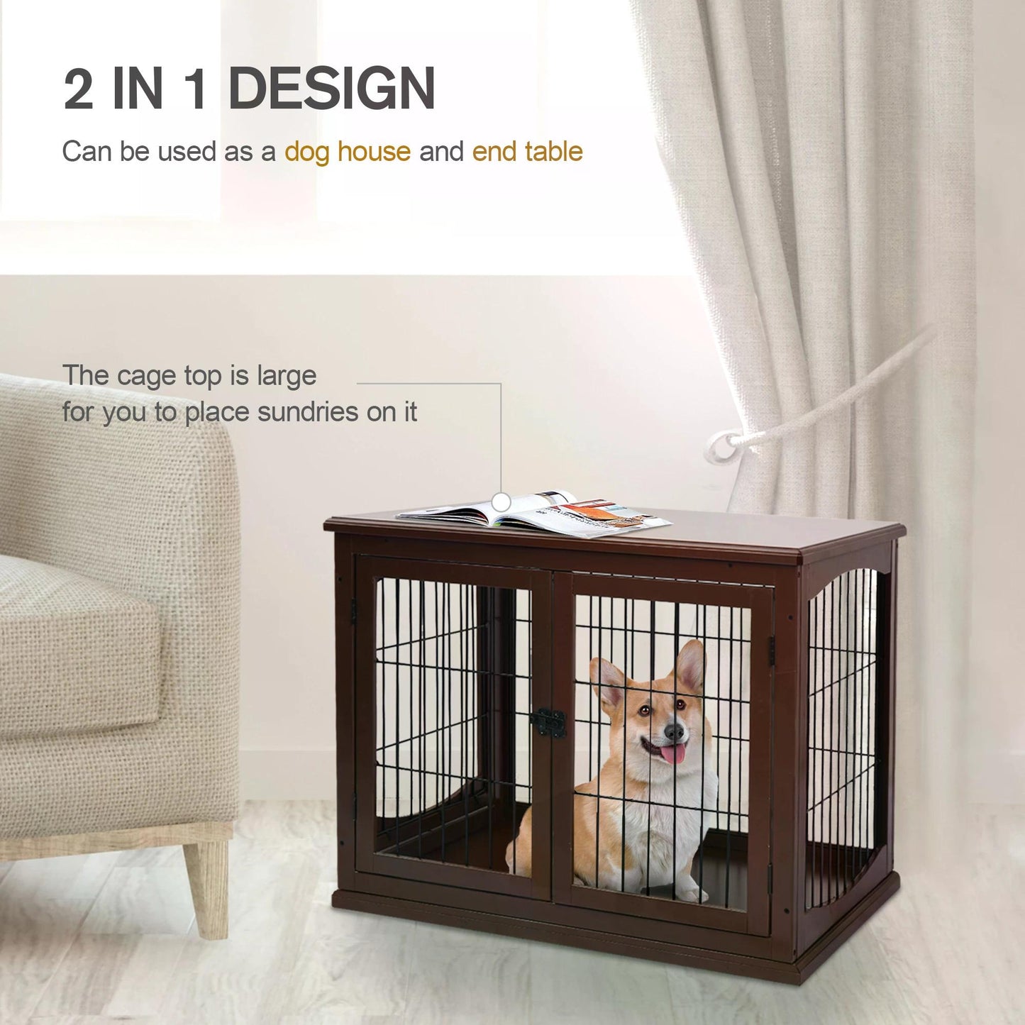 Small Dog Wooden Crate, 66cm Indoor w/ Metal Wire 3 Doors Latches Base Brown