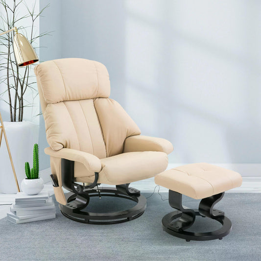 HOMCOM Swivel Recliner Chair, w/ Footstool, Leather, 145° Reclining, 360° Swivel, 10-point Massage, White 