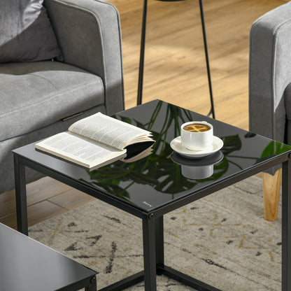 Nesting Tables Side Table, Modern Bedside Tables w/ Tempered Glass Desktop for Living Room Bedroom Office Black