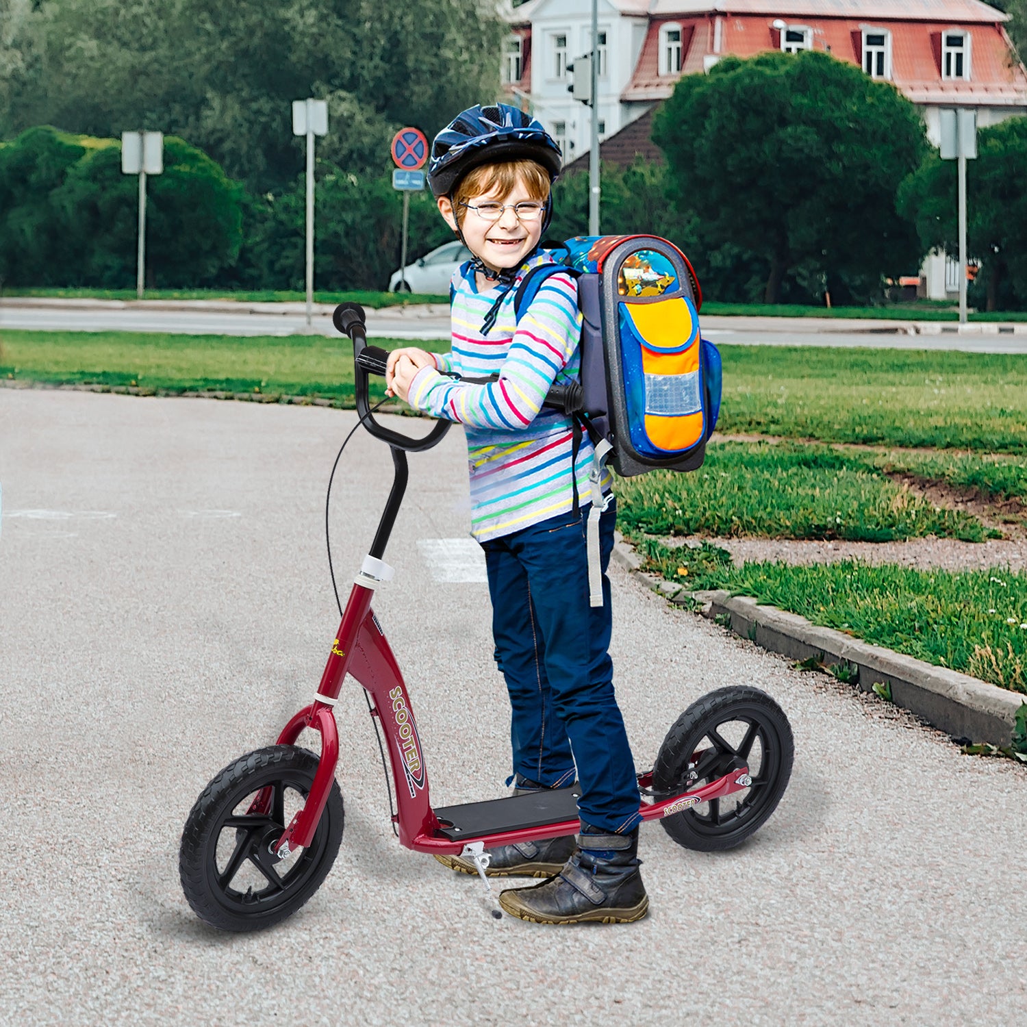 HOMCOM Bicycle Scooter, Kick Scooter for Kids, Big Wheel, 12" Tyres -Red 