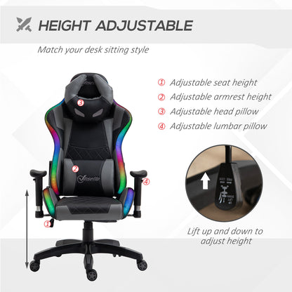 Ergonomic Gaming Chair with RGB LED Light, Lumbar Support, Gamer Recliner, Grey