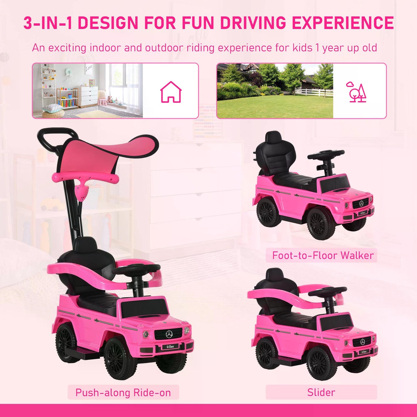 Compatible Ride-on Sliding Car Mercedes-Benz G350 Walker Foot to Floor Slider Stroller Toddler Vehicle Push-Along Pink