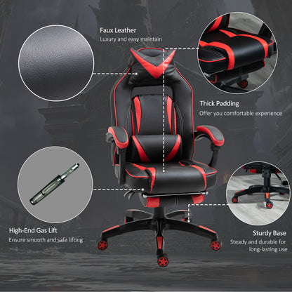 Reclining Gaming Chair with Footrest, Ergonomic, PU Leather Executive Swivel Chair with Headrest, Red and Black