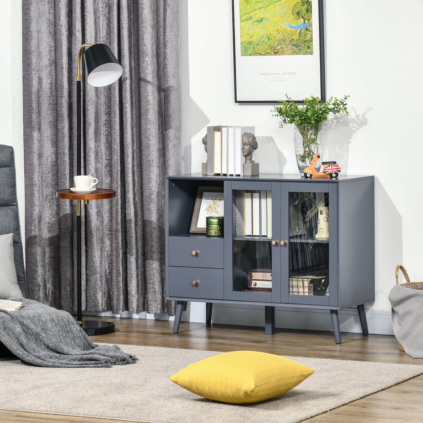 HOMCOM Living Room Storage Cabinet, with Glass Doors Cupboard, 2 Drawers and Open Shelf for Living Room, Hallway, Grey 