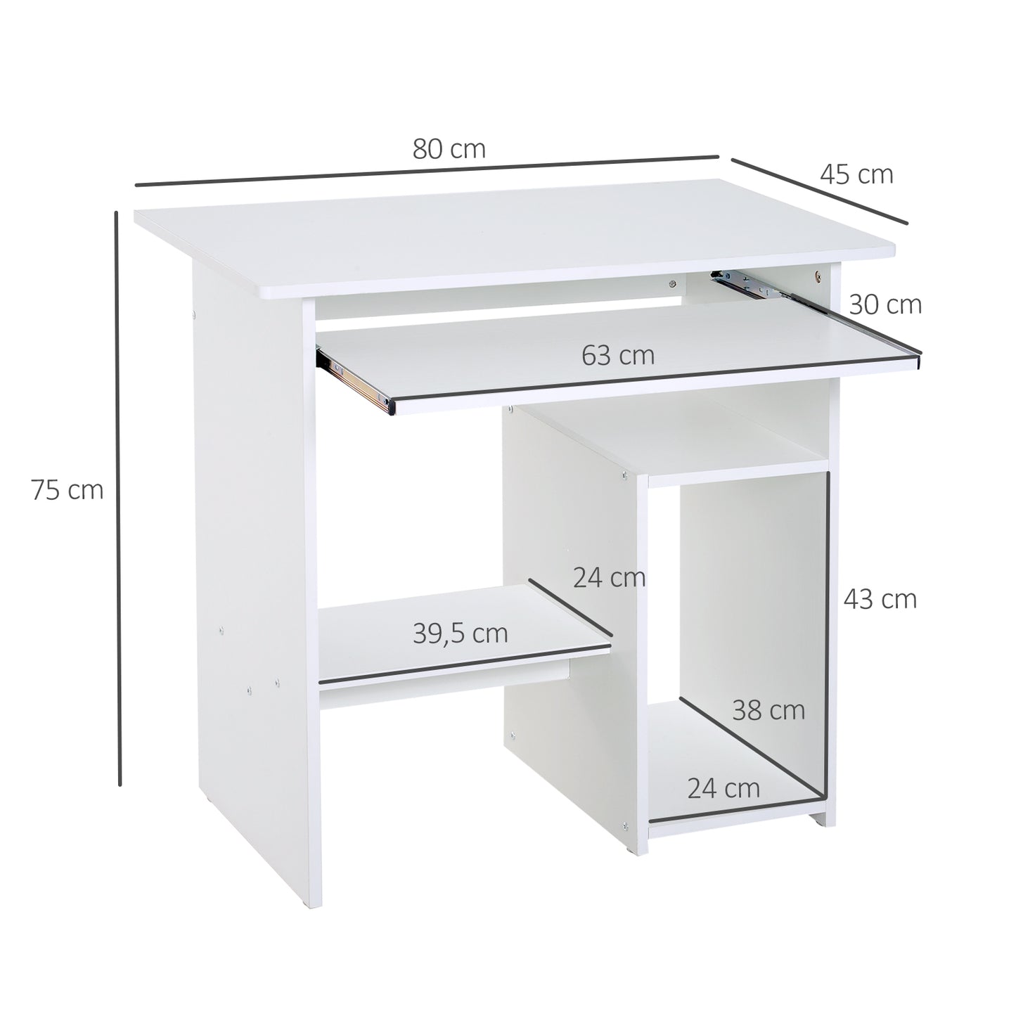 Homcom White Computer Desk, Wooden Keyboard Tray Storage Shelf  Desk With Shelf Corner Study Desks Work From Home Desk